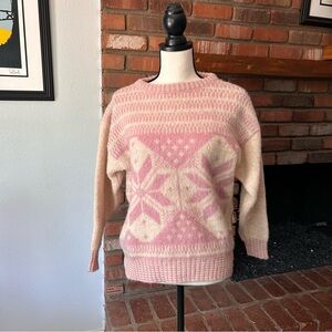 VTG Alafoss Icewool Fair Isle Snowflake Crew Neck Wool Sweater in Pink Sz XS